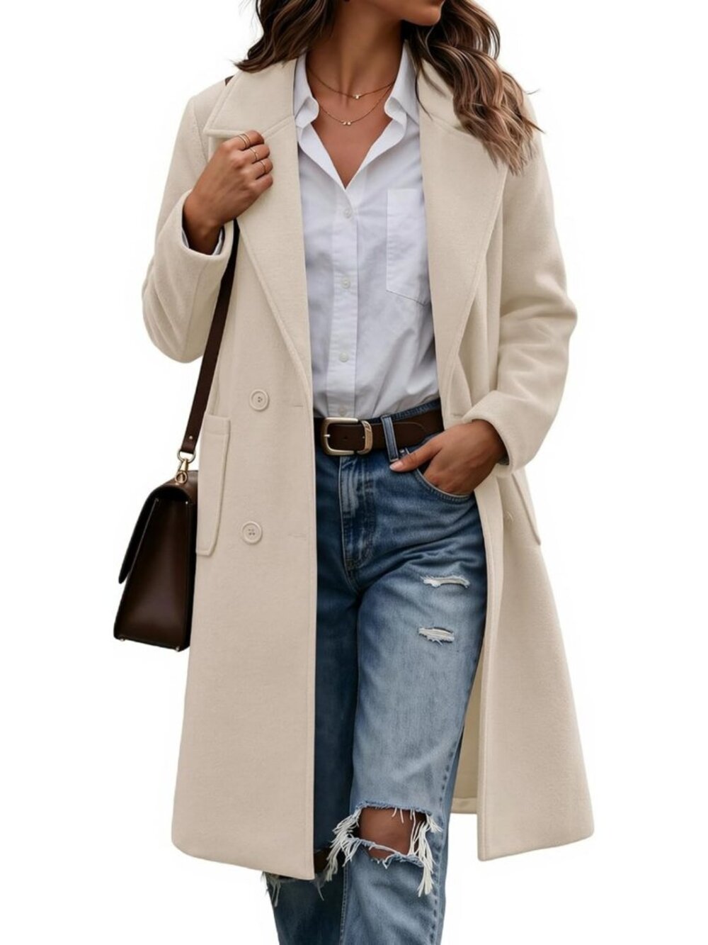 Stylish Women's Winter Peacoat, Notch Lapel, Double Breasted, Mid-Length Coat